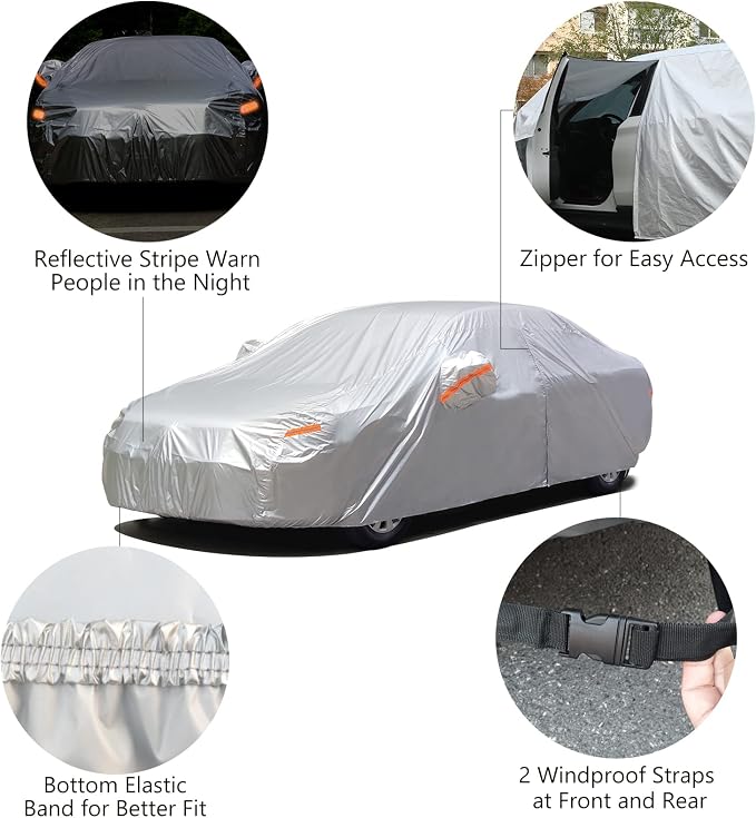 SEAZEN Car Cover with Zipper, 2 Layer Full Car Covers Waterproof/UV Protection/Snowproof/Dustproof, Universal Car Cover (Fit Sedan-Length Up to 200")