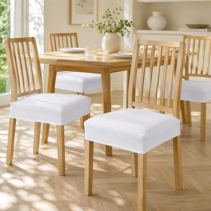 NILUOH Waterproof Seat Covers for Dining Room Chairs Set of 4, Stretch Jacquard Chair Seat Slipcovers Dining Chair Cover Removable Washable Chair Protctor Cover, Rear Covers (White)