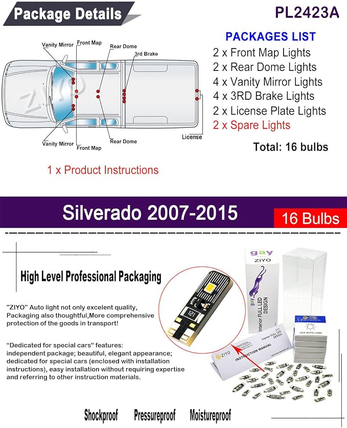 LED Interior Light kit for Chevrolet Silverado GMC Sierra 2007-2015 Dome Light Bulbs Replacement, 6000K White LED Lights Accessories Package Upgrade (16 Bulbs)