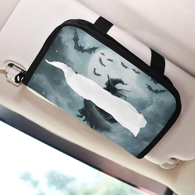 Halloween Bats and Witch Car Tissue Holder Durable Napkin Holder Hanging Tissue Holders Case Car Tissues Bag for Sun Visor Seat Back Universal Auto