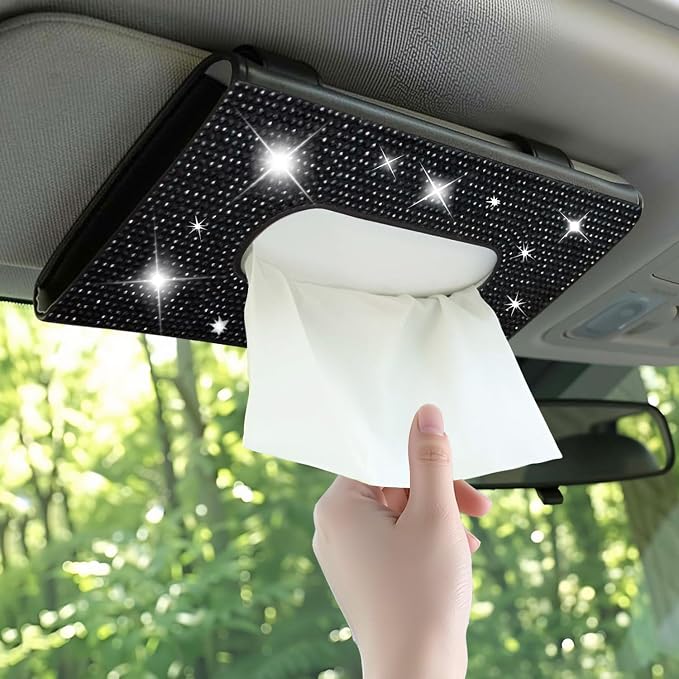 Blingbling Car Tissue Holder, Sun Visor Napkin Box, Premium PU Leather, Auto Napkin Case, Mask Holder for Car, with Tissue Refill, Vehicle Interior Accessories for Men Women, Black