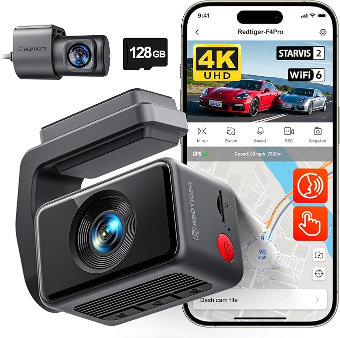 REDTIGER F4 Pro 4K STARVIS 2 Dash Cam, 5.8GHz WiFi 6 Transfer, 128GB Card | 2.2" Touch Screen, Voice Control, Mini Dash Cam Front and Rear with HDR Night Vision, Loop Recording, 24H Parking Mode