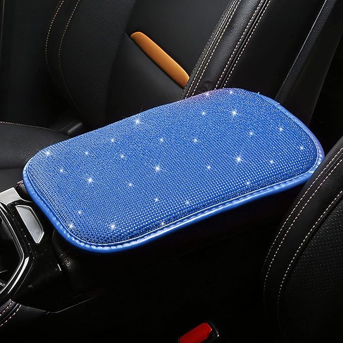 Moly Magnolia Bling Center Console Cover, Diamond Fashion ArmRest Pad, Crystal Soft Arm Rest Protective Cushion, Car Accessories for Women Girls, 11.8"×8.5" for Most of Vehicles, SUVs, Trucks (Blue)
