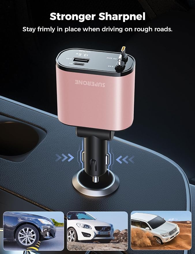 [Upgraded] SUPERONE Retractable Car Charger 4 in 1 Fast Car Phone Charger | USB C and Apple Multi Car Adapter with Cord 2.6ft, Compatible with iPhone 17 16 15/15 Pro Max/14/13/12/11, Galaxy, Pixel