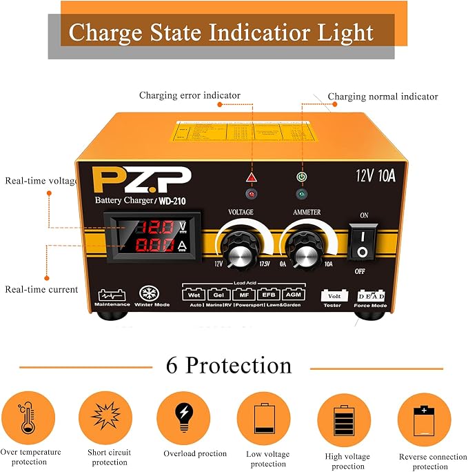 PZP 12V Manual Battery Charger Maintainer, 0 to 10A Arbitrarily Adjustable Car Battery Trickle Charger, Battery Desulfator with Repair, Winter Mode, Suitable for Lawn Mower, AGM, Deep Cycle Batteries