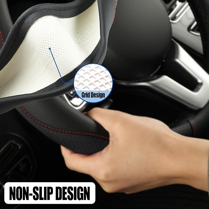 Black Microfiber Leather Steering Wheel Cover 14 inch | Breathable Anti Slip Grip Cool Sporty Look Glow for Women Men