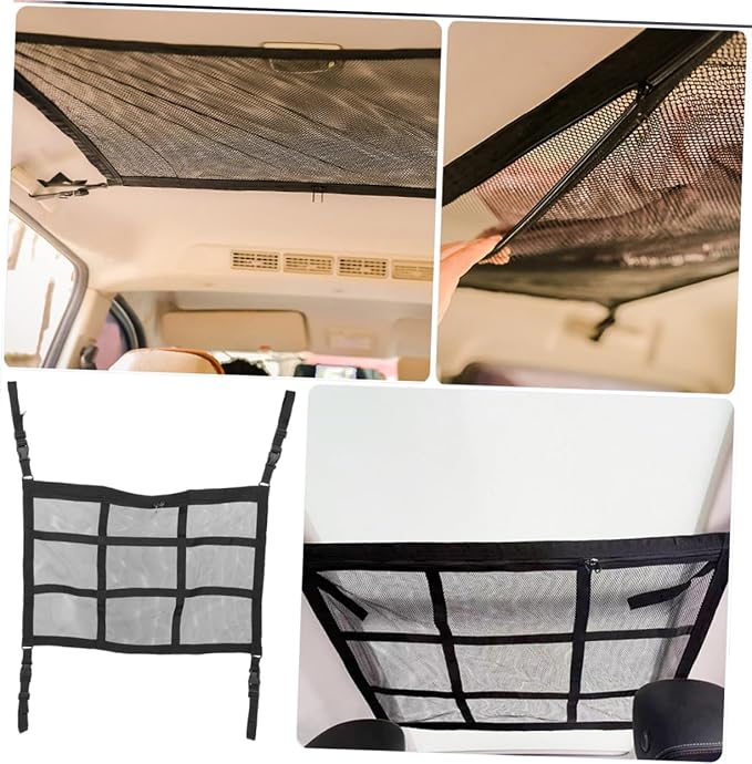 Car Ceiling Cargo Net Organizer Dual-Zipper Mesh Pouch for SUV Van Storage Overhead Accessory for Travel Essentials Umbrellas More