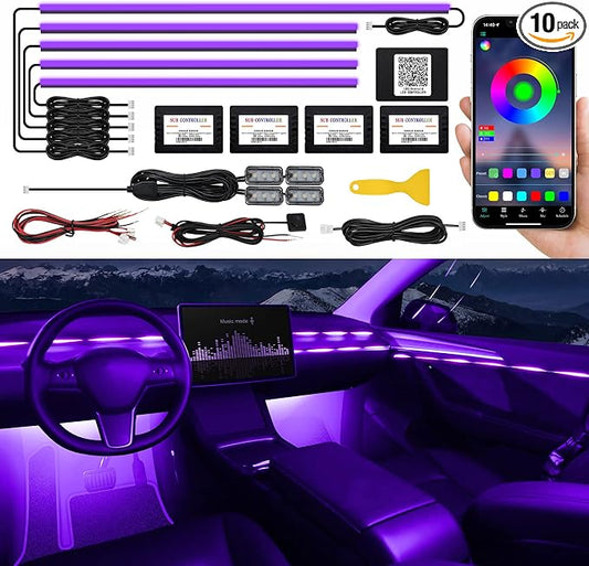 Acrylic Interior Car LED Strip Light with Wireless APP, RGB 10 in 1 with 175 inches 593 LEDs Fiber Optic Ambient Lighting Kits, 16 Million Colors Sound Active Function Car Neon Lights