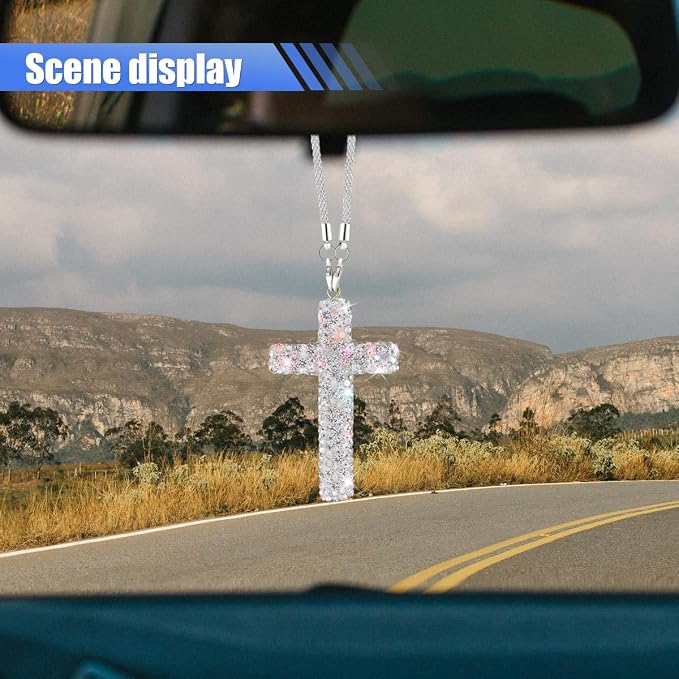 ZIMISI Bling Cross Car Hanging Ornament, Crystal Rhinestone Car Rearview Mirror Pendant for Women, Diamond Rear View Mirror Charm Present, Universal Vehicle Interior Decoration Accessory (White)