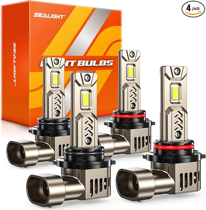 SEALIGHT 9005/HB3 9006/HB4 Bulbs Combo, Super Bright 9005 9006 Driving Light, 1:1 Real Size L2S HB3 HB4 Fog Bulbs, 6500K Cool White, 3 Min Plug-N-Play with Fan, IP68, Pack of 4