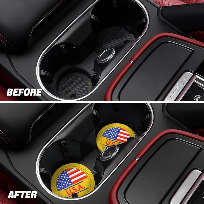 AUCELI 4 Pack Car Cup Holder Coasters, Colored American Flag US Flag Insert Car Cup Coaster, 2.75 Inch Anti Slip Shockproof Embedded Drink Mat, Vehicle Interior Decor Accessories
