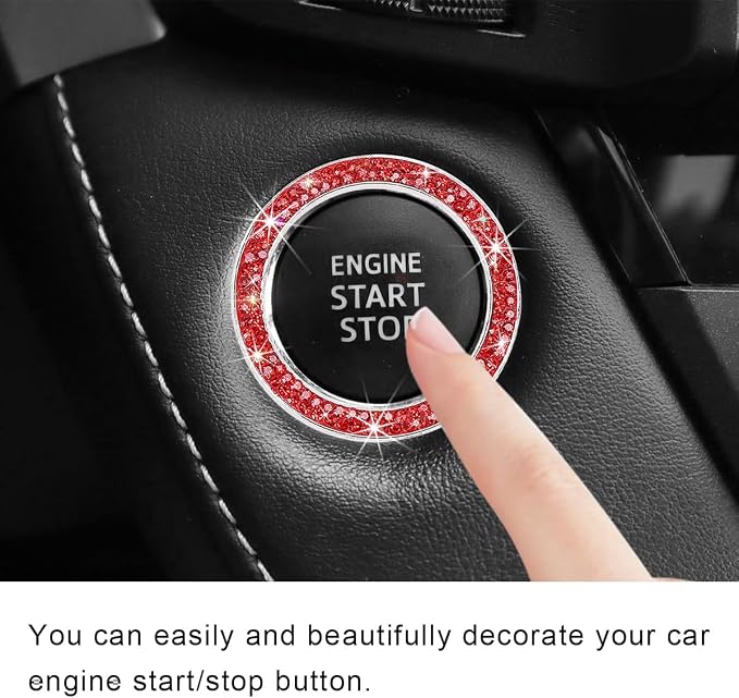 Car Bling Crystal Rhinestone Engine Start Ring Decals, Sparkling Diamond Car Push Start Button Ignition Ring Sticker, Auto Key Ignition Knob Ring Decoration for Women Girls (Red)