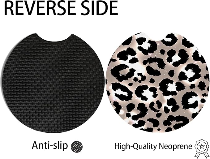2pcs Cute Leopard Print Car Coasters,Absorbent Universal neoprener Cup Holder Coasters with a Finger Notch,Car Accessories for Women&Man Interior，2.75" 3