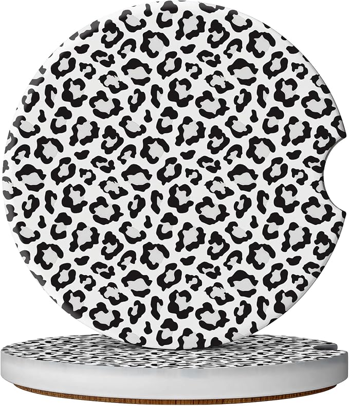 2 Pack Car Coasters for Cup Holders, Absorbent Ceramic Cup Coaster with Cork Base and Finger Notch, Cute Car Accessories Interior for Women Men (Leopard-White)