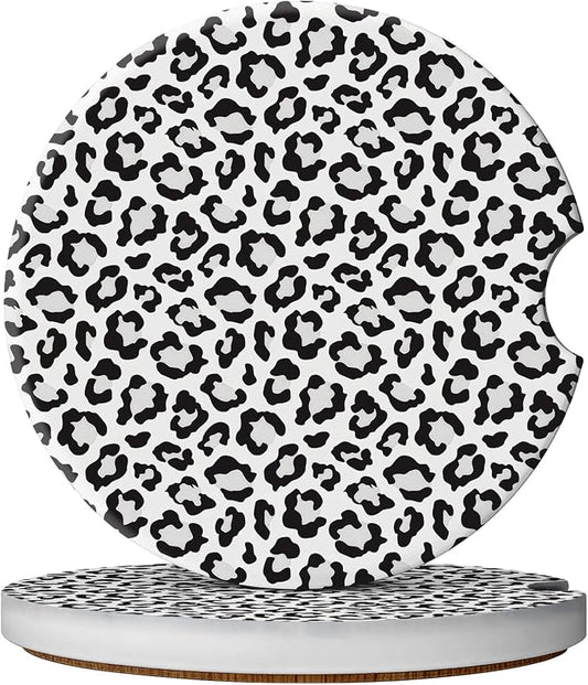 2 Pack Car Coasters for Cup Holders, Absorbent Ceramic Cup Coaster with Cork Base and Finger Notch, Cute Car Accessories Interior for Women Men (Leopard-White)