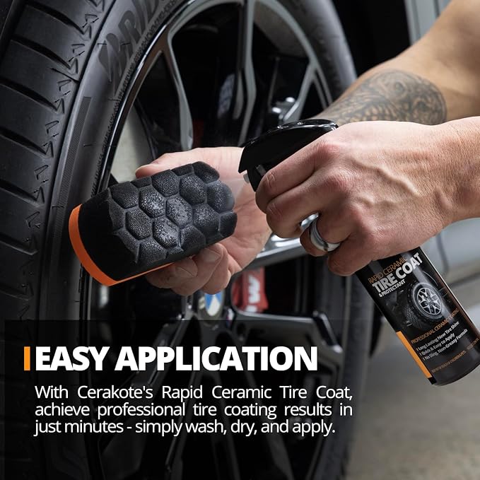 CERAKOTE® Rapid Ceramic Tire Coat - Long-Lasting Deep Black Tire Shine | Lasts up to 10X longer than traditional tire dressings with a natural satin and a no-sling ceramic finish. Car, truck, & SUV