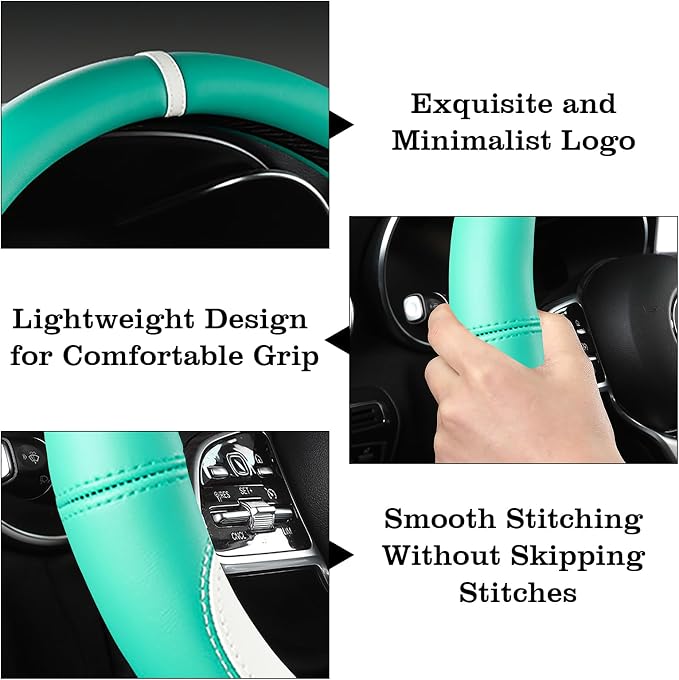 Car Leather Steering Wheel Cover - Panapi Material, Universal 14.5-15 Inch Leather Anti-Slip Breathable Auto Steering Wheel Covers for Men Women (Nappa Leather - Blue & White)