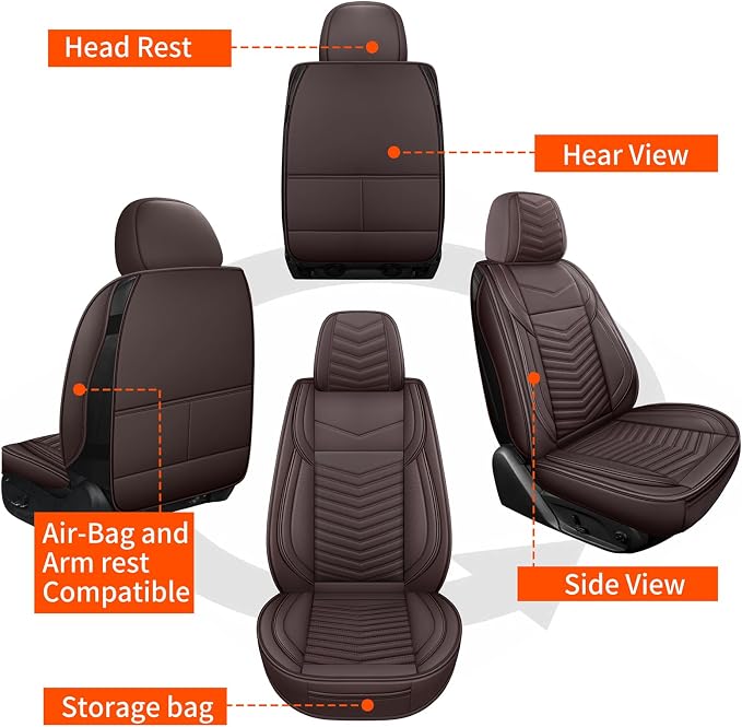 HChengkikz Nappa Leather Car Seat Covers Full Set, Brown Car seat Protector 5 Seats, Waterproof Car Seat Cushion, Universal Automotive Seat Covers Fit for SUV Truck Pick-up Sedan, Front and Rear | Easy Maintenance, Airbag Compatible, Universal Fit For ...