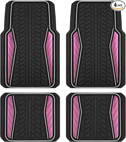 PIC AUTO Car Floor Mats, Pink Aluminum-Molded with Full-Circle Iridescent Inlay Strip Car Mats, Universal-Fit Rubber Mats for Cars, Trucks & SUVs, All-Weather, Non-Slip, Easy-to-Clean Interior Mats