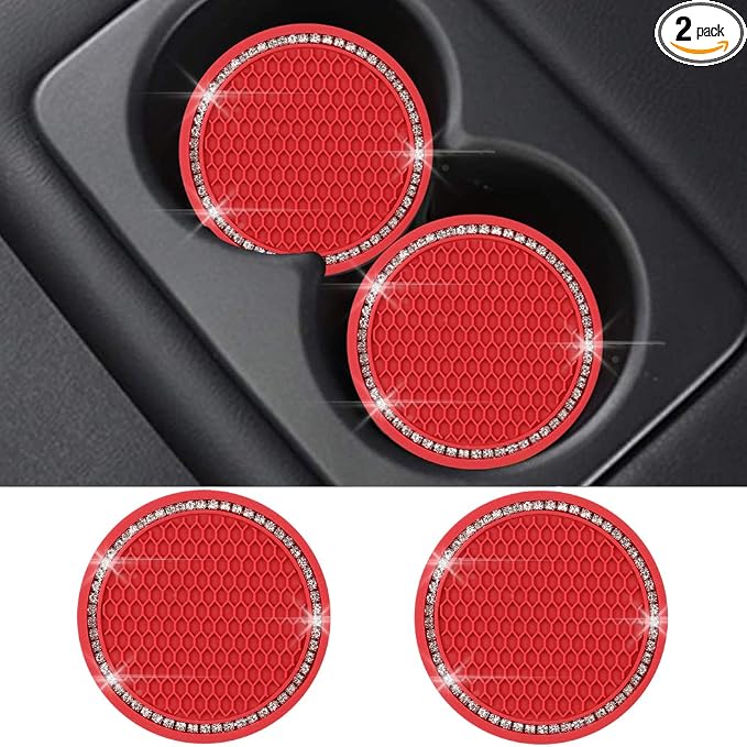 SUNCARACCL Bling Car Coasters Car Cup Holder Coaster, 2 Pack Universal Bling Vehicle Insert (2.75" Diameter), Crystal Rhinestone Car Interior Accessories (Red)