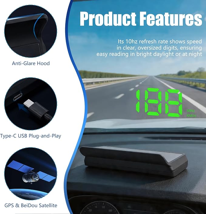 MPH/KMH Heads Up Display for Cars,Smart High Accuracy GPS Digital Speedometer for Car with HUD Display & Auto Light Sensor,Overspeed Warning Speedometer for Cars/SUVs/Trucks