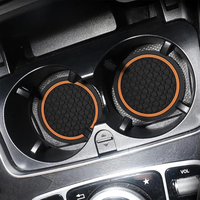 Mandark 4PCS Car Cup Holder Coasters, 2.75 Inch Non-Slip Insert Water Bottle Holder Pads, Dustproof Automotive Interior Accessories Mat, Universal for Vehicles, Trucks, RVs and More (Black/Orange)