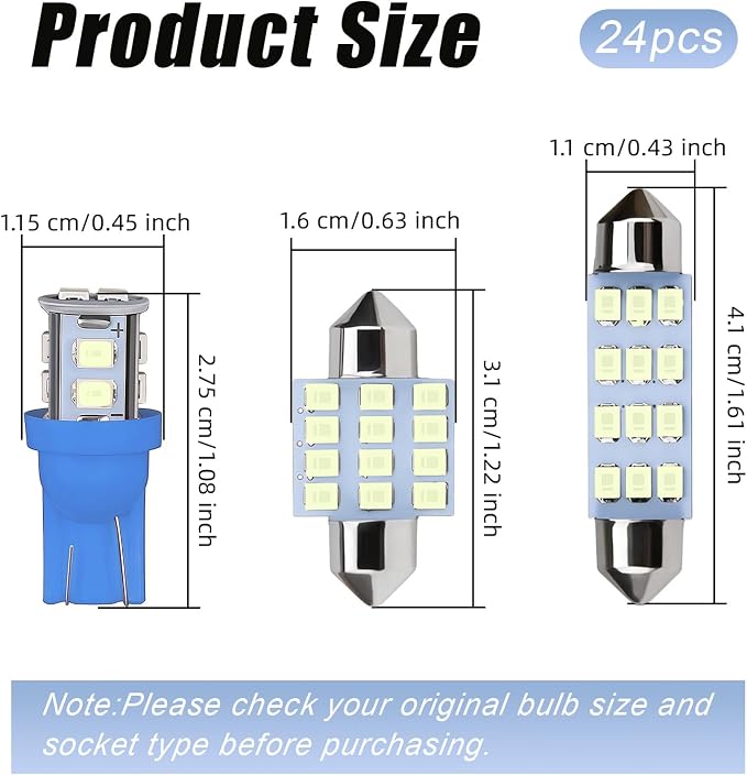 24 PCS Car Interior LED Lights Kit 194 T10 DE3175 578 31mm 41mm LED Bulbs Interior Replacement Bulbs for Car Map License Plate Door Side Marker Dome Light (Ice Blue)