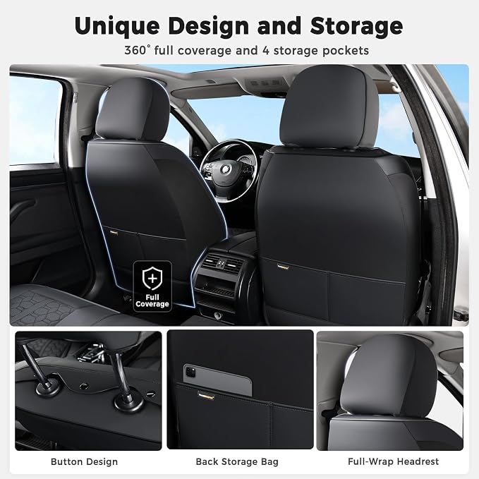Huidasource Black Front Car Seat Covers, 360° Full Wrap Seat Covers with Lumbar Support, Leather Seat Cushion Covers Protector Fit for Most Cars SUV Trucks, Automotive Seat Covers