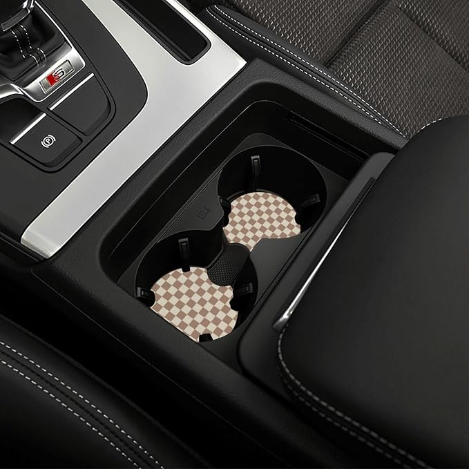 Khaki Checkered Steering Wheel Cover - Khaki Checkered Racing Flag Brown Steering Wheel Cover Anti-Slip Breathable for 15 in Universal 2 Pcs Car Interior Cup Holder Pad for Men Women