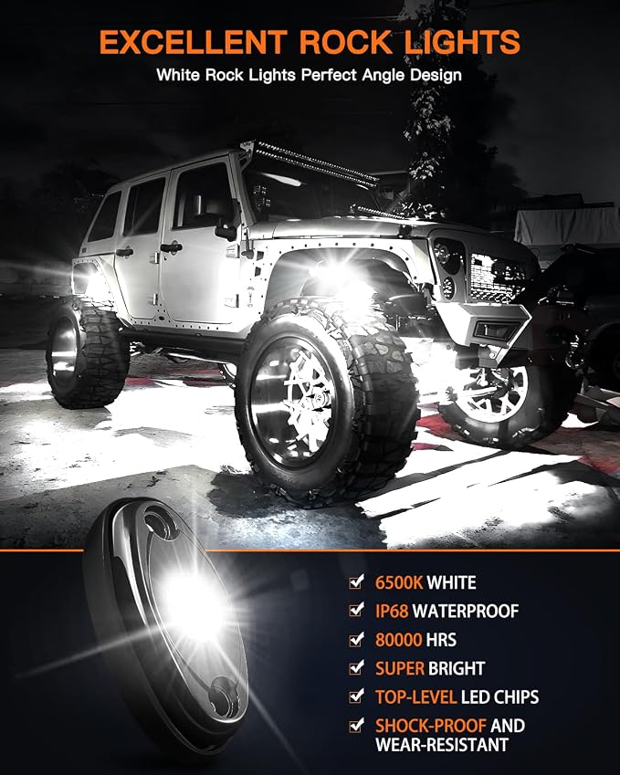 White Rock Lights,LEDMIRCY R1 LED Rock Lights Kit with Toggle Switch Wiring Harness 16PCS Luces para Carro for Trucks ATV UTV Under Glow Light High Power IP68 Waterproof