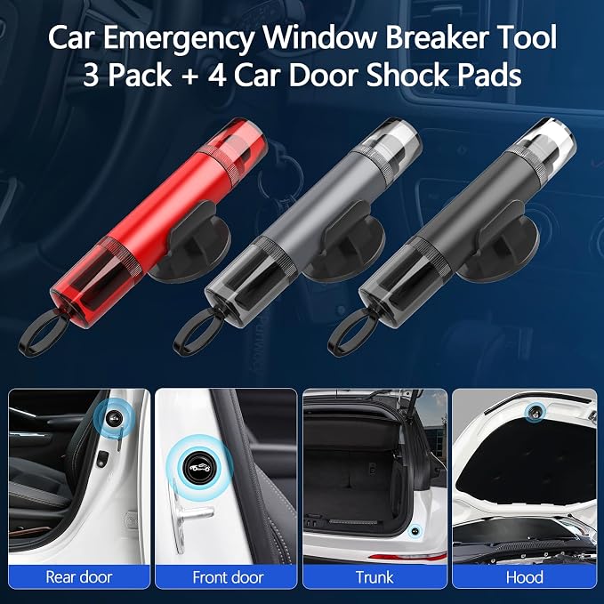Window Breaker Seatbelt Cutter 3 Pack, Car Emergency Escape Tool | Underwater car window breaker tool, 2-in-1 seatbelt cutter with extra 4 car door shock pads for vehicle emergency safety