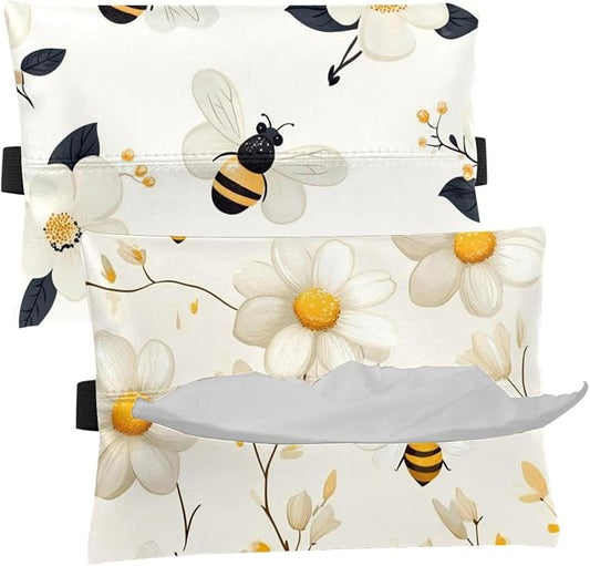 White Flower bee (4) Car Tissues Holder for Car, Visor Tissue Holder, Car Tissue Box, Car Disposable Masks Holder, Mask Dispenser for Car