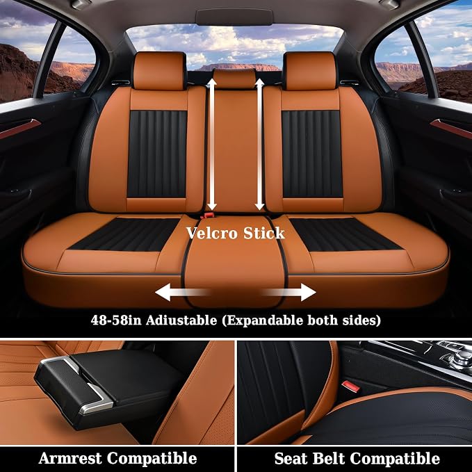 Coverado Car Seat Covers Full Set, Nappa Leather Seat Covers for Cars, Car Seat Protector Car Seat Cushion, Front and Back Seat Protectors Cushions Universal Fit for Most Cars Vehicles(Brown&Black)