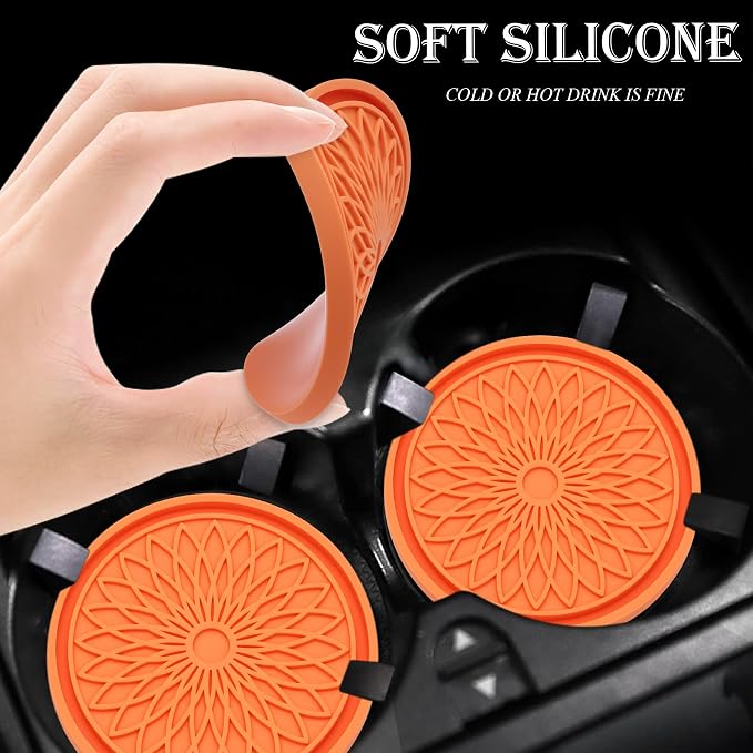 2-Pack Car Cup Holder Coaster Inserts, 2.75 Inch Non-Slip Silicone Liners, Shockproof Drink Holder Mat for Women Men, Universal Fit for Most Vehicles (Orange)