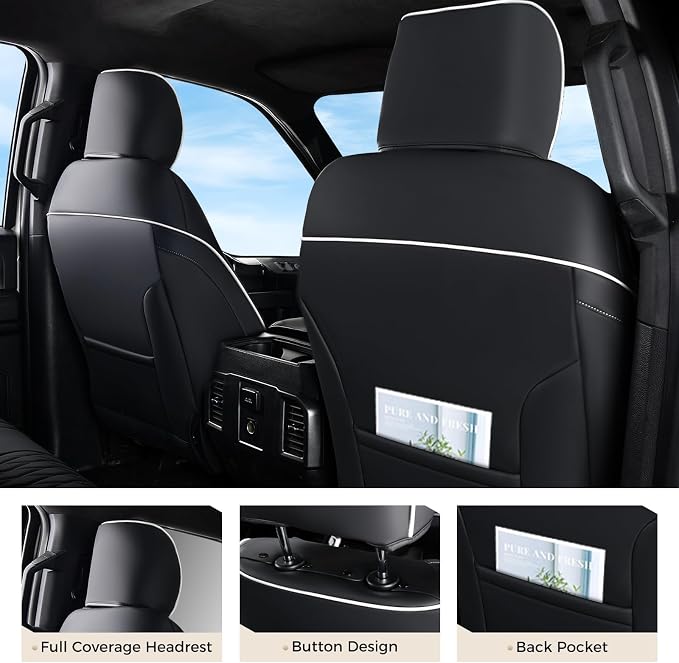 Coverado Premium Leather Front Seat Covers Waterproof Heavy-Duty Protectors Custom Fit for Ford F150 (2015-2026) F250/F350/F450 (2017-2026)-Black w/White Stitching, Wear-Resistant