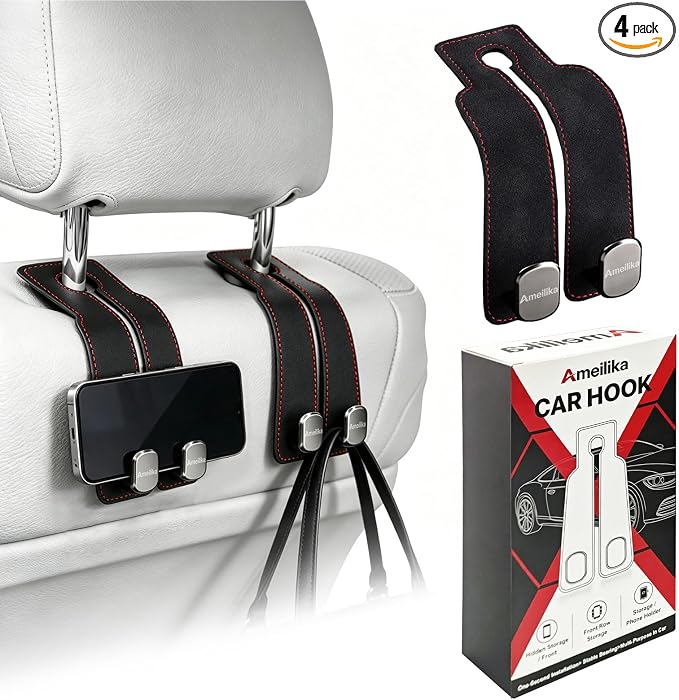 Car Headrest Hook, Car Seat Headrest Hooks and Purse Hook for Car, Leather Seat Back Organizer with Phone Holder, Universal Hidden Storage for SUV/Truck (Black-2Pack)