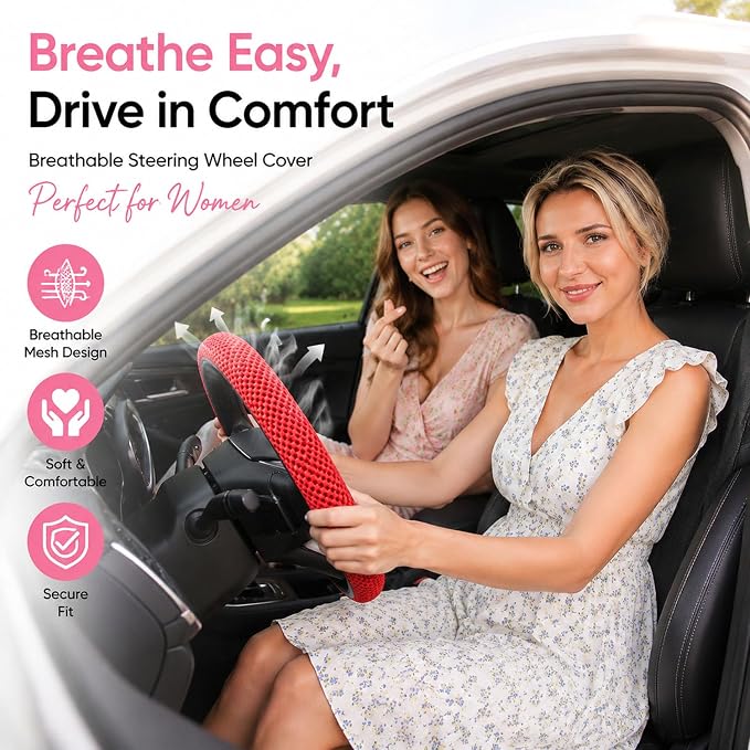 Mesh Ice Silk Cooling Car Steering Wheel Cover for Men Women,Summer Universal Breathable Stretch Anti-Slip Wheel Cover 14.5-15" for Cars, Trucks, Pickups, SUVs (Red)
