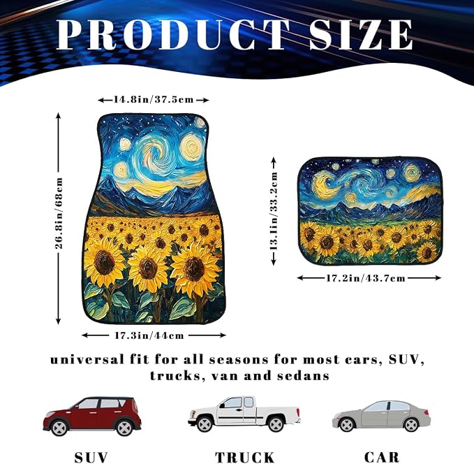 Sunflowers Car Floor Mats Set of 4 Starry Night Sky Blue Star Automotive Foot Mats Rugs Carpet for Car Non-Slip Auto Car Accessories Universal Fit for Car SUV Truck Van
