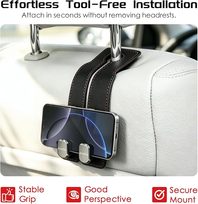Car Headrest Hook, Car Seat Headrest Hooks and Purse Hook for Car, Leather Seat Back Organizer with Phone Holder, Universal Hidden Storage for SUV/Truck (Beige-2Pack)