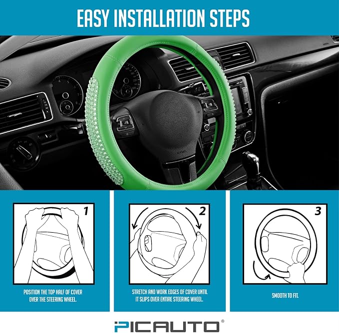PIC AUTO Steering Wheel Cover, Green Leather, Fits 14.5-15.5 Inch Wheels | Universal Steering Wheel Cover with Anti-Slip Grip, Durable Car Interior Accessory, Fits Most Cars, SUVs, Trucks and Vans
