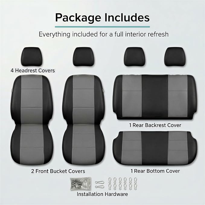 FH Group Car Seat Covers PU Leather Full Set Automotive Seat Covers Front Set and Rear Solid Bench Gray Black Seat Covers with Gift Universal Fit Interior Accessories for Cars Trucks and SUVs
