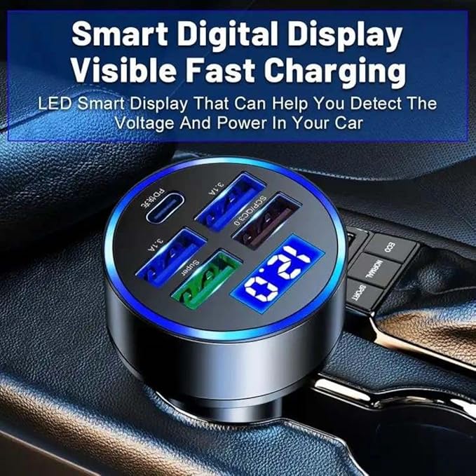 Car Charger 5 Port Cigarette Lighter USB Adapter LED Voltage Monitor (4USB+PD) Cigarette Lighter Adapter USB C Compatible with Android/iPhone and Tablets Devices (Pack of 2)