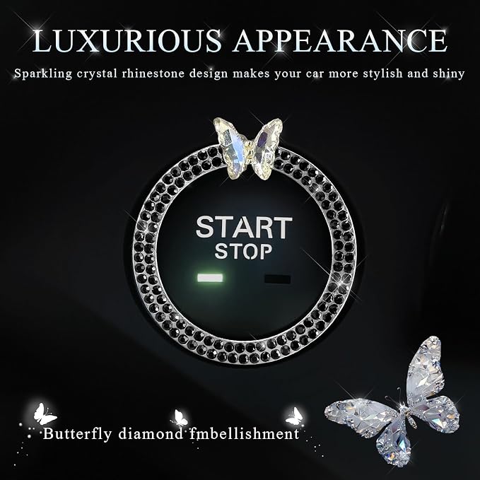 DXNQ Bling Ring Emblem, Sparkling Butterfly Car Buttons and Knobs Ring, Girly Butterfly Diamond Car Engine Start Button Cover, Key Ignition Knob Rings Decoration for Women (Black, Double Row)