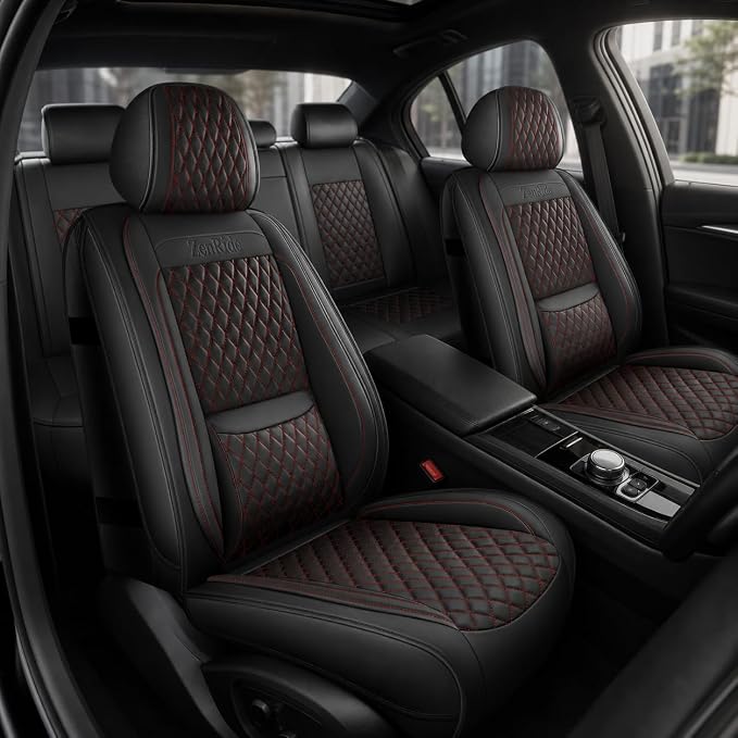Black and Red Nappa Leather Contoured Automotive Car Seat Covers Full Set | Univerasal Precision Fit,Lumbar Support,3D Contoured,Semi Coverage,Waterproof,ThickTexture,for most Suvs Trucks Sedans