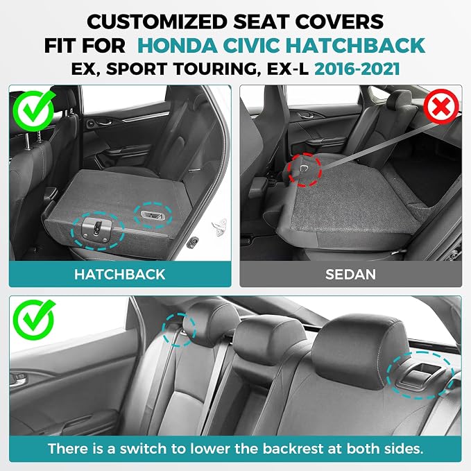 Seat Covers for Honda Civic Hatchback LX, EX, EXL, Sport, Touring, 2016-2021, Faux Leather Car Seats Cover Full Set Seatback Waterproof, Black Red (60/40 Split Seatback)