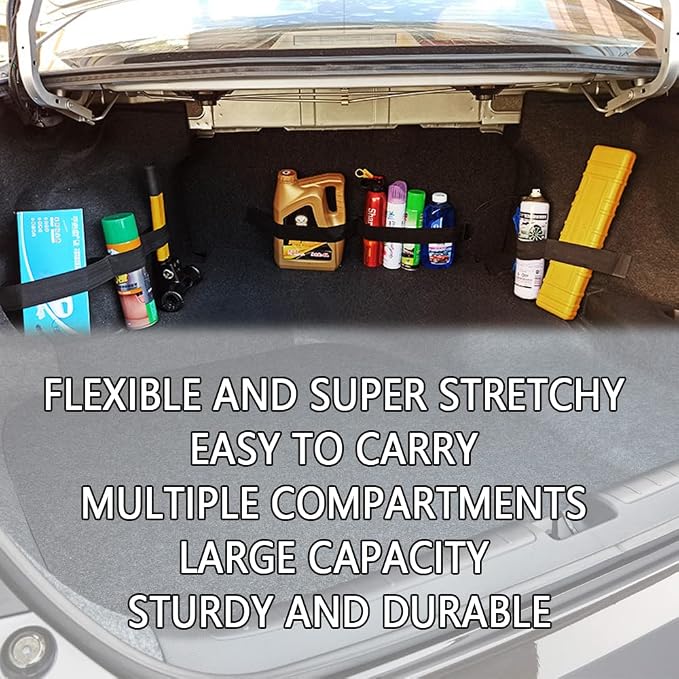 Elastic Car Trunk Organizer Straps with Hook and Loop Tape+2 "Pocket,20"/27.5"/31.5''Car Organizers,Organize the Cluttered Trunk Keeps Items from Rolling Around（31.5inch Long）