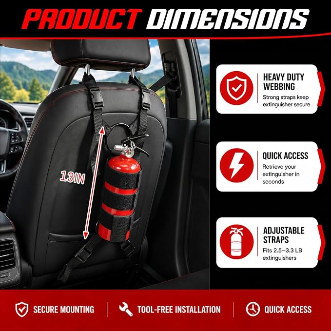 Zonon 1 Pcs Fire Extinguisher Mount for Roll Bars Headrest Seat Rail Roll Cage, Adjustable Heavy Duty Straps, Fits 2.5-3.3 lb, Black for Car Truck SUV ATV Off Road Vehicle
