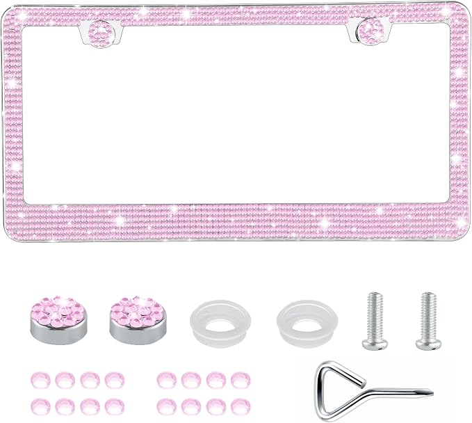 GaRhomxy Bling License Plate Frames for Women, 1 Pack Handcrafted Sparkly Rhinestone Car Accessories, Premium Stainless Steel Frame with 1000+ Faceted Glass Crystals & Free Glitter Caps (Pink)