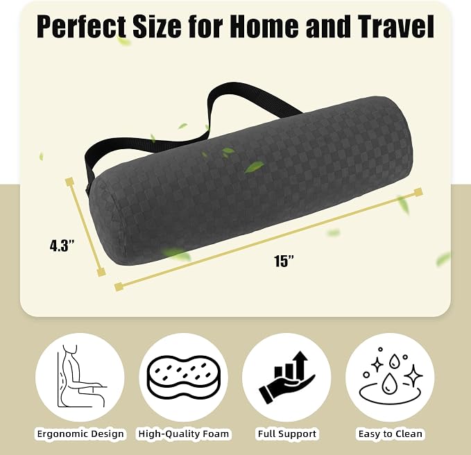 Coeyese Lumbar Roll Pillow for Lower Back Support, Dark Grey, 15 * 4.3'' | Removable Pillowcase, Upgraded Adjustable Strap, Suitable for Office, Chair, Car, Seat Pain Relief & Improving Posture
