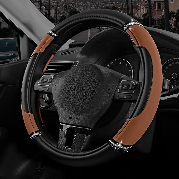 Road Comforts Leather Steering Wheel Cover - Made with PVC Leather Bling Design - Anti-Slip Wheel Cover Universal Fit Most 14 1/2 inches to 15 inches - Brown Color